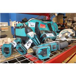 GROUP OF 5 MAKITA CORDLESS TOOLS AND CARRYING BAG - NO BATTERIES NO CHARGERS
