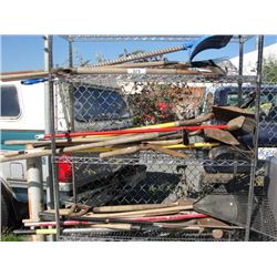 ROLLING CART FILLED WITH ASSORTED GARDEN TOOLS; SHOVELS, RAKES, HOES, ETC * ROLLING CART NOT