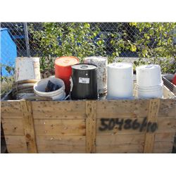 LARGE WOODEN CRATE FILLED WITH ASSORTED 5 GALLON BUCKETS AND MISC CONSTRUCTION GEAR