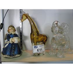 GROUP OF 3 COLLECTABLES; GLASS SCULPTED ELEPHANT, GLASS GIRAFFE AND GOBAL WEST GERMAN FIGURINE