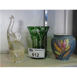 GROUP LOT OF 3 COLLECTABLE PIECES; BOHEMIAN CRYSTAL VASE, GLASS SCULPTED ELEPHANT WITH GOLD FLECK