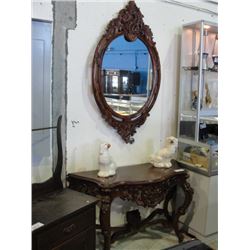 2PC HEAVILY CARVED MAHOGANY HALL TABLE WITH MATCHING MIRROR - HALL TABLE TOP HAS CHIPPED CORNER