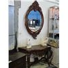 Image 1 : 2PC HEAVILY CARVED MAHOGANY HALL TABLE WITH MATCHING MIRROR - HALL TABLE TOP HAS CHIPPED CORNER