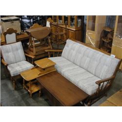 LARGE GROUP LOT OF VILAS SOLID MAPLE FURNITURE; VILAS SOFA AND CHAIR SET, ASSORTED COFFEE AND END