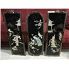 Image 1 : GROUP OF 3 ORIENTAL BLACK LACQUER WITH SOAP STONE CARVED FIGURES DECORATIVE WALL PANELS