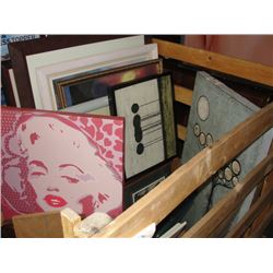 WOOD CRATE FILLED WITH ASSORTED PICTURES, PRINTS AND ORIGINAL ART WORKS - WOODEN CRATE NOT INCLUDED