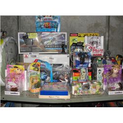 SHELF LOT OF ASSORTED KIDS TOYS; RC HELICOPTERS, ACTION FIGURES, ETC