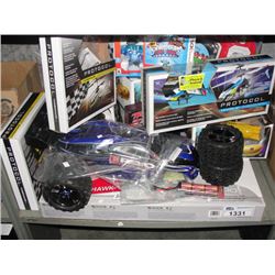 SHELF LOT OF KIDS TOYS; RC DUNE BUGGIES, HELICOPTERS, ETC