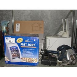 SHELF LOT OF MISC ITEMS; COIN SORTER, RYOBI CORDLESS SAW AND FLASHLIGHT, COMPUTER SYSTEM AND SQUARE