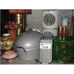 LOT OF MISC HOUSHEOLD ITEMS; JEWELLERY BOX, FAN, VASE, ETC