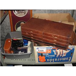 SHELF LOT OF MISC ITEMS; DOLLS, COLLECTORS PLATES, BINOCULARS, CAMERAS, ETC