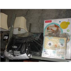 GROUP LOT OF BABY ITEMS; FISCHER PRYCE HIGH CHAIR, 4PC CRIB BLANKET SET AND CAR SEAT