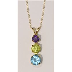14KT GOLD AMETHYST, PERIDOT, BLUE TOPAZ PENDANT