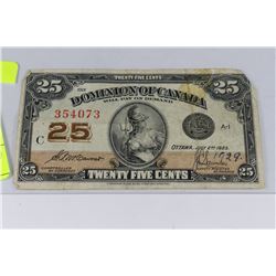 1929 25 CENT CANADIAN SHINPLASTER