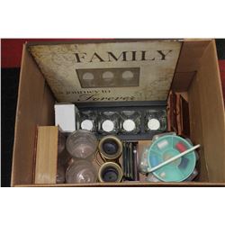BOX OF ASSORTED DECOR INCLUDES CANDLE HOLDERS,