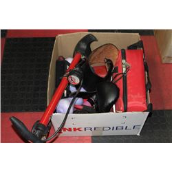 BOX OF VARIOUS WORKOUT EQUIPMENT W/ FIRST