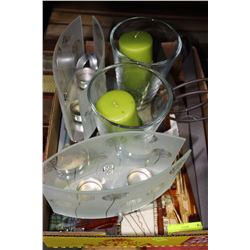 BOX W/ CERAMIC PICTURE & 2 PAIRS OF CANDLE HOLDERS