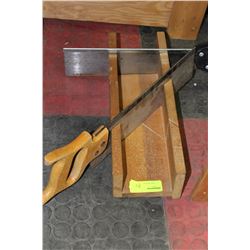 WOODEN MITRE SAW BOX W/ 2 HAND SAWS