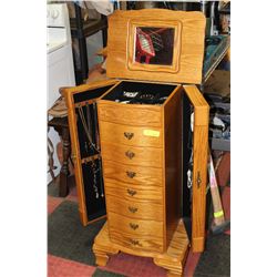 LARGE OAK JEWELLERY BOX W/ CONTENTS