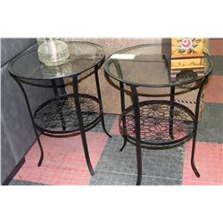 PAIR OF METAL AND GLASS END TABLES