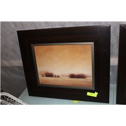 DARK BROWN WOOD FRAMED SCENIC PICTURE ON