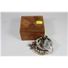 Image 1 : SMALL WOODEN HANDCARVED TRINKET BOX W/ CONTENTS
