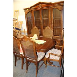 CARVED BUFFET AND HUTCH W/ TABLE  6 WICKERBACK CHAIRS