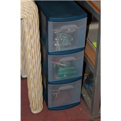 3 DRAWER PLASTIC STORAGE UNIT W/ CONTENTS