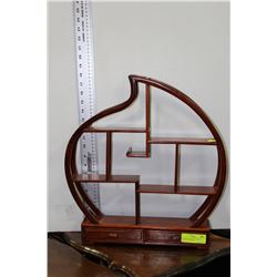 INTRICATE WOODEN DISPLAY SHELF W/ DRAWERS