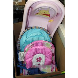 BOX W/ BABY ITEMS:  POOH BEAR BATH TUB, JOLLY