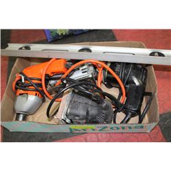 BOX W/ DRILLS/ SANDERS/ JIGSAW AND ALUMINUM LEVEL
