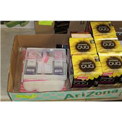 FLAT OF ASSORTED BEAUTY SUPPLIES INCLUDES HAIR DYE