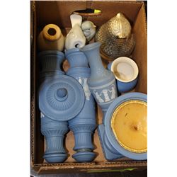 BOX OF AVON WEDGEWOOD & MISC FIGURINES