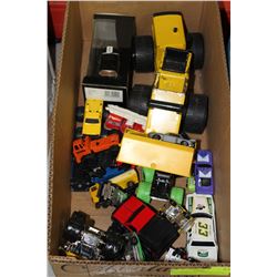 BOX OF DIE CAST CARS, TRUCKS & TRACTORS INCL.