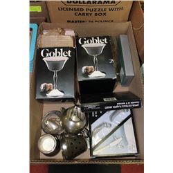 BOX OF SILVER PLATED ITEMS: CHIMES, GOBLETS,