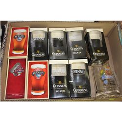 BOX W/ 9 NEW BEER GLASSES IN BOXES & 1