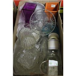 BOX W/ GLASSWARE, SERVING TRAYS, DIP TRAYS,