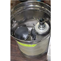 BATHROOM SET INCLUDES - PAIL, SOAP STAND, LIQUID