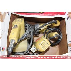 BOX OF ASSORTED HAND TOOLS INCLUDING SANDER, JIG