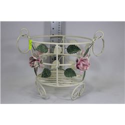WHITE METAL PLANT STAND WITH PINK ROSES