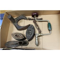 BOX OF ASSORTED ANTIQUE CAST IRON COLLECTIBLES