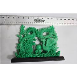 GREEN ORIENTAL 2 DRAGON CARVED SCULPTURE