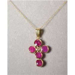 14K Gold Ruby (3.0ct) & Diamond Cross Pendant
