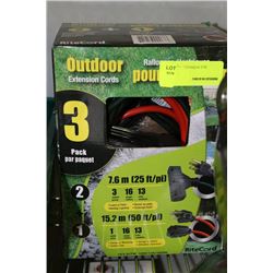 3 PACK OF NEW OUTDOOR EXTENSION CORDS