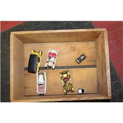 WOODEN BOX WITH MODEL CARS BY LESNEY INCLUDES