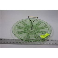 1930s GREEN PRESSED GLASS CAKE PLATE W/ HANDLE