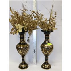 TWO BRASS VASES ETCHED WITH GOLD FLOWER