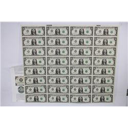 2009 UNCUT SHEET OF 32 ONE DOLLAR U.S. BANKNOTES