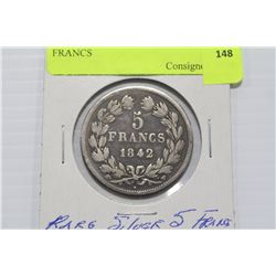 RARE FRANCE 1842 "W" SILVER 5 FRANCS