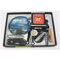 BOX W/ GEODE SLAB, KNIVES, LIGHTERS, ETC.